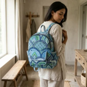 An outdoor scene featuring a person wearing the block print school rucksack, highlighting its lightweight everyday carrying comfort and bohemian style.