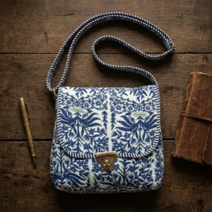 Close-up of the handcrafted blue botanical print detailing, dense quilted tracking lines, robust zipper closure, and clean seam line on the block print travel handbag.
