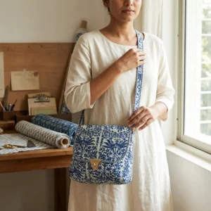 Blue Floral Quilted Crossbody Bag showing the compact hands-free shoulder purse design with the handcrafted indigo block print pattern and long crossbody strap.