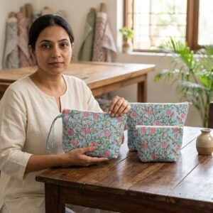 Blue Floral Quilted Makeup Bag Set displaying the 3-piece multi-size nesting cosmetic bags with the traditional indigo block print artisan design and smooth top zip tracks with cotton pulls.