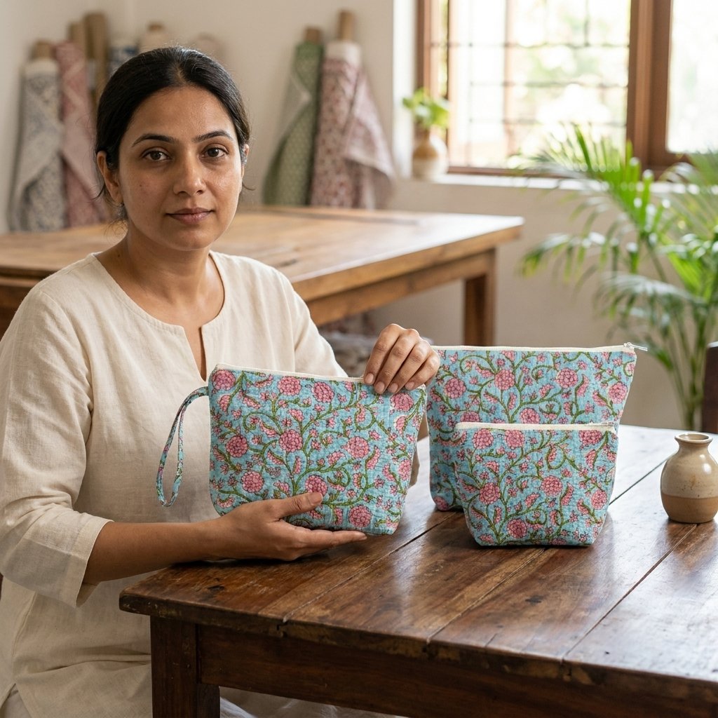Blue Floral Quilted Makeup Bag Set displaying the 3-piece multi-size nesting cosmetic bags with the traditional indigo block print artisan design and smooth top zip tracks with cotton pulls.