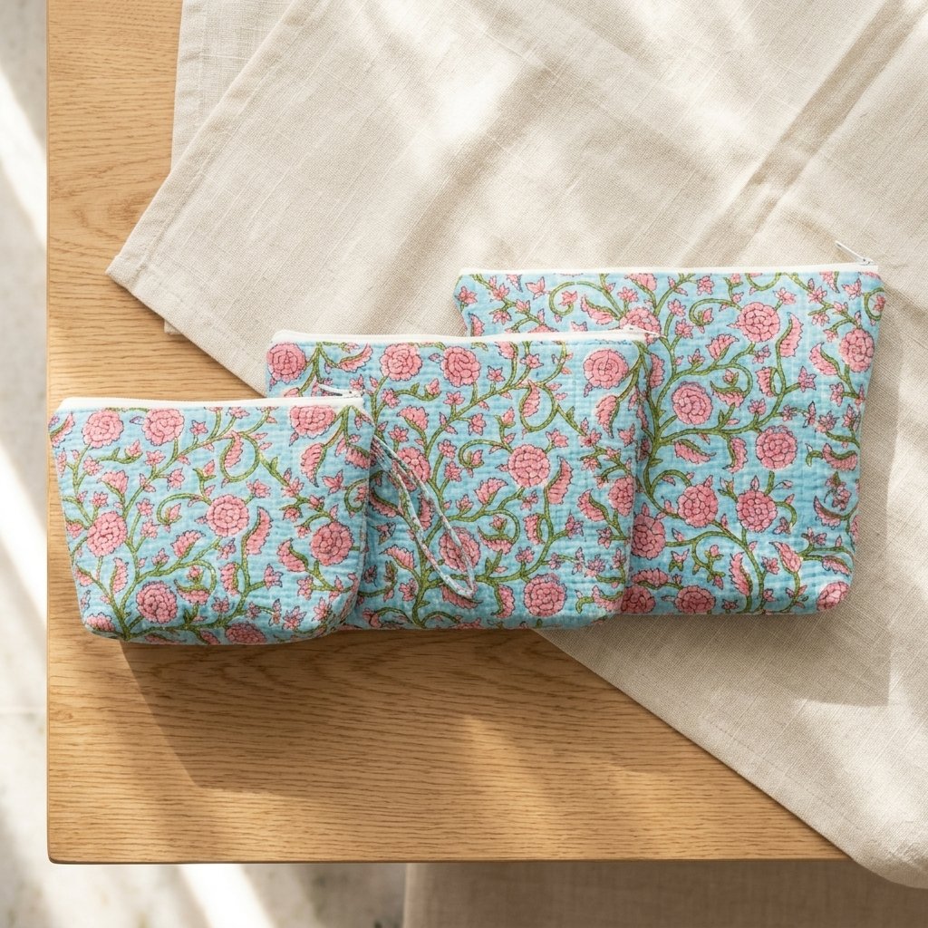 Close-up of the handcrafted blue botanical print detailing, dense quilted stitching texture lines, robust zipper closure, and spacious inner layout on the large cotton toiletry pouch.