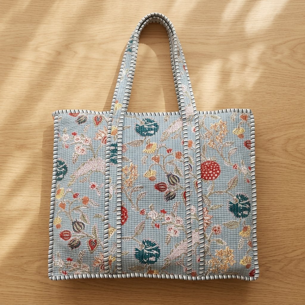 Close-up of the handcrafted blue indigo botanical print detailing, dense quilted stitching texture lines, robust handle strap attachments, and clean inner layout on an Indian cotton travel purse.