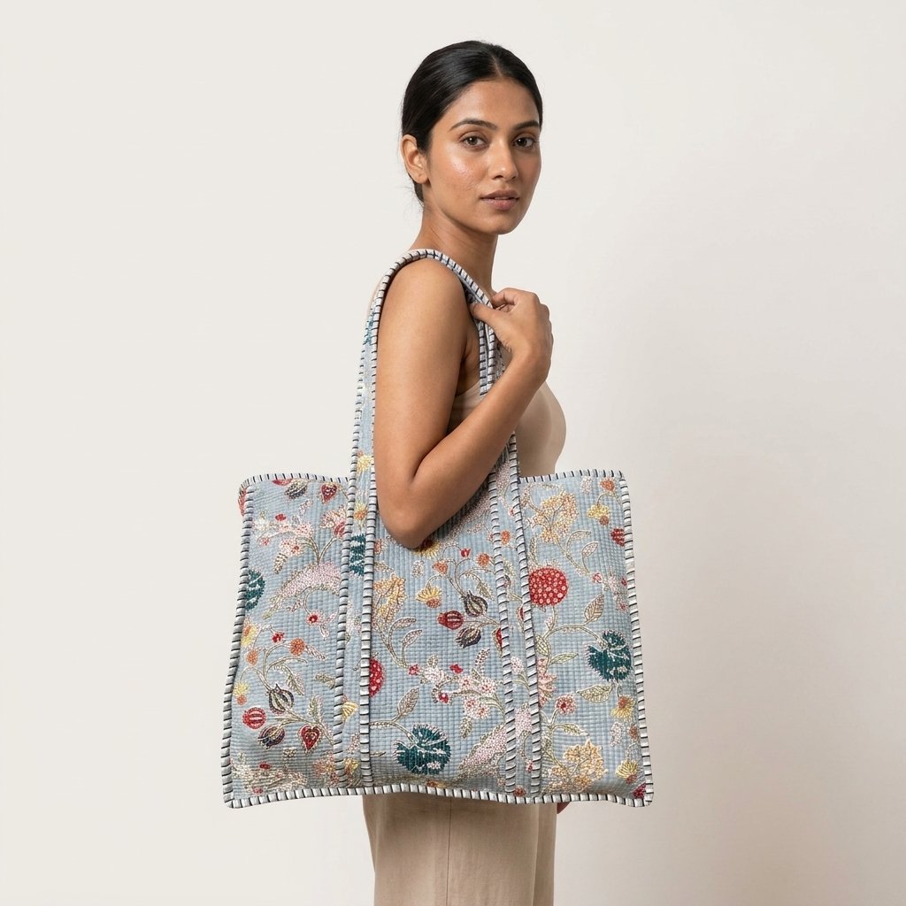 A shopper carrying the Blue Floral Quilted Tote Bag by the wide straps, showcasing its generous packing capacity and elegant large shoulder handbag style at an outdoor farmers market.