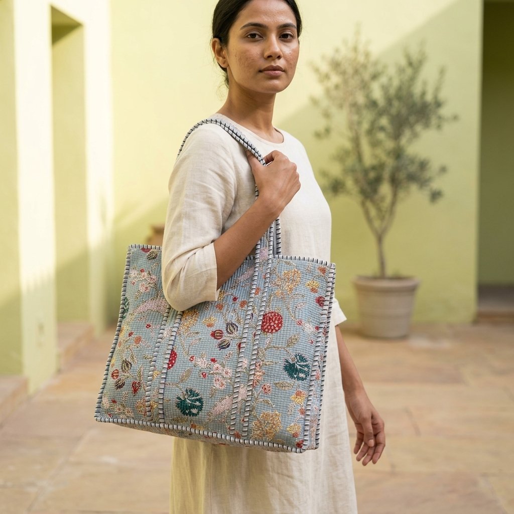 Blue Floral Quilted Tote Bag showing the traditional hand block print artisan design with the spacious 18x18 main compartment opening and reinforced double padded shoulder handles.