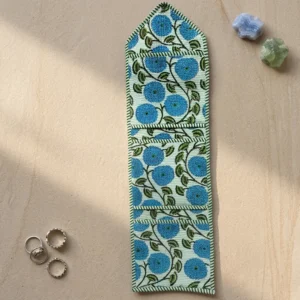 Close-up of the handcrafted blue botanical print detailing, dense quilted stitching texture lines, robust pocket seam attachments, and clean pocket opening on the cotton pocket storage.