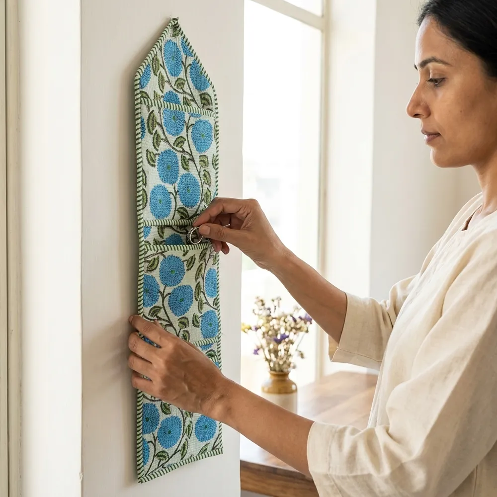 Blue Floral Quilted Wall Hanging Organizer displaying the multi-pocket vertical sorting slots with the traditional indigo block print artisan design hung securely on an entryway wall.