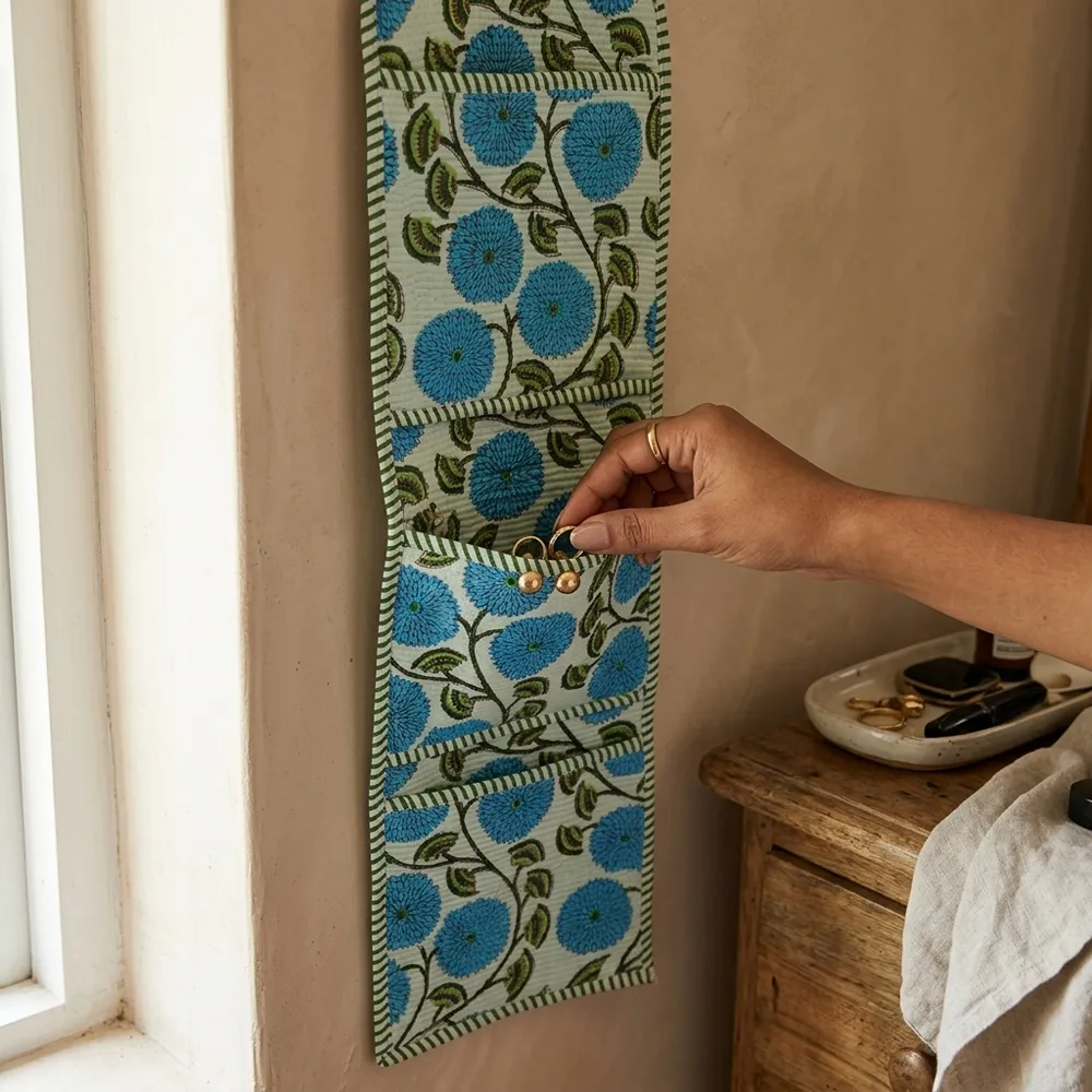 An interior room setup showing the Blue Floral Quilted Wall Hanging Organizer near a wooden office desk, showcasing its space-saving capacity and elegant patterned office home pocketbook style.