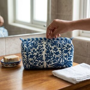 Blue Indigo Quilted Toiletry Bag Set showing the nested 3-piece handmade travel pouch bundle with the traditional blue and white artisan block print design and secure zipper tracks.