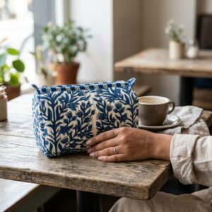 Close-up of the largest case in the Blue Indigo Quilted Toiletry Bag Set opened to reveal the clean protective interior lining, smooth zipper track, and soft quilted horizontal stitching texture.