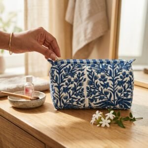 A traveler arranging the three pieces of the Blue Indigo Quilted Toiletry Bag Set on a modern bathroom vanity counter, displaying the large, medium, and small sizes filled with cosmetic brushes and skincare bottles.