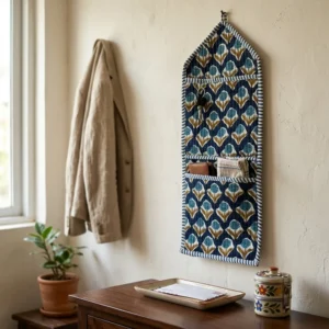 An interior room setup showing the Blue Indigo Quilted Wall Hanging Organizer near a wooden office desk, showcasing its space-saving capacity and elegant patterned office home pocketbook style.