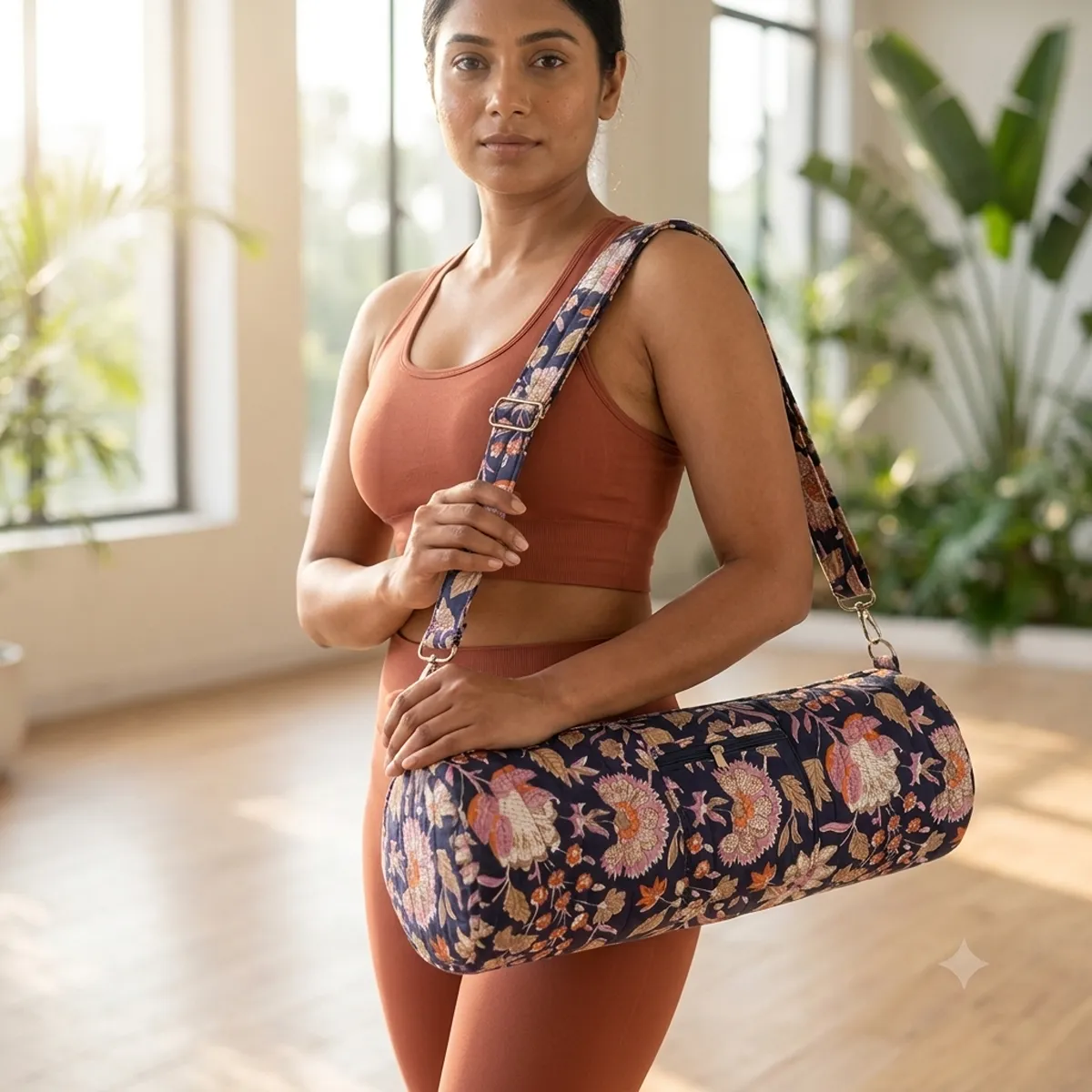 a woman in an indoor fitness studio holds the Blue Kalamkari Quilted Cotton Yoga Mat Bag over her shoulder using the matching adjustable strap, showcasing its practical utility and elegant bohemian style.