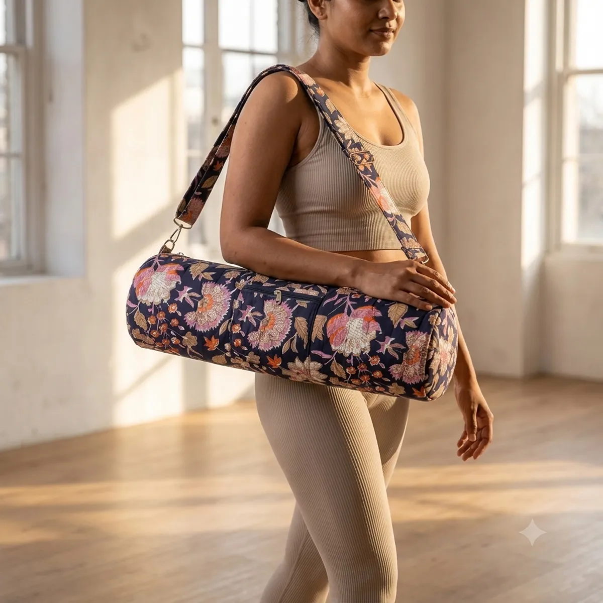Blue Kalamkari Quilted Cotton Yoga Mat Bag showing the cylindrical crossbody carrier design with the handcrafted ethnic block print pattern and full-length zipper closure.