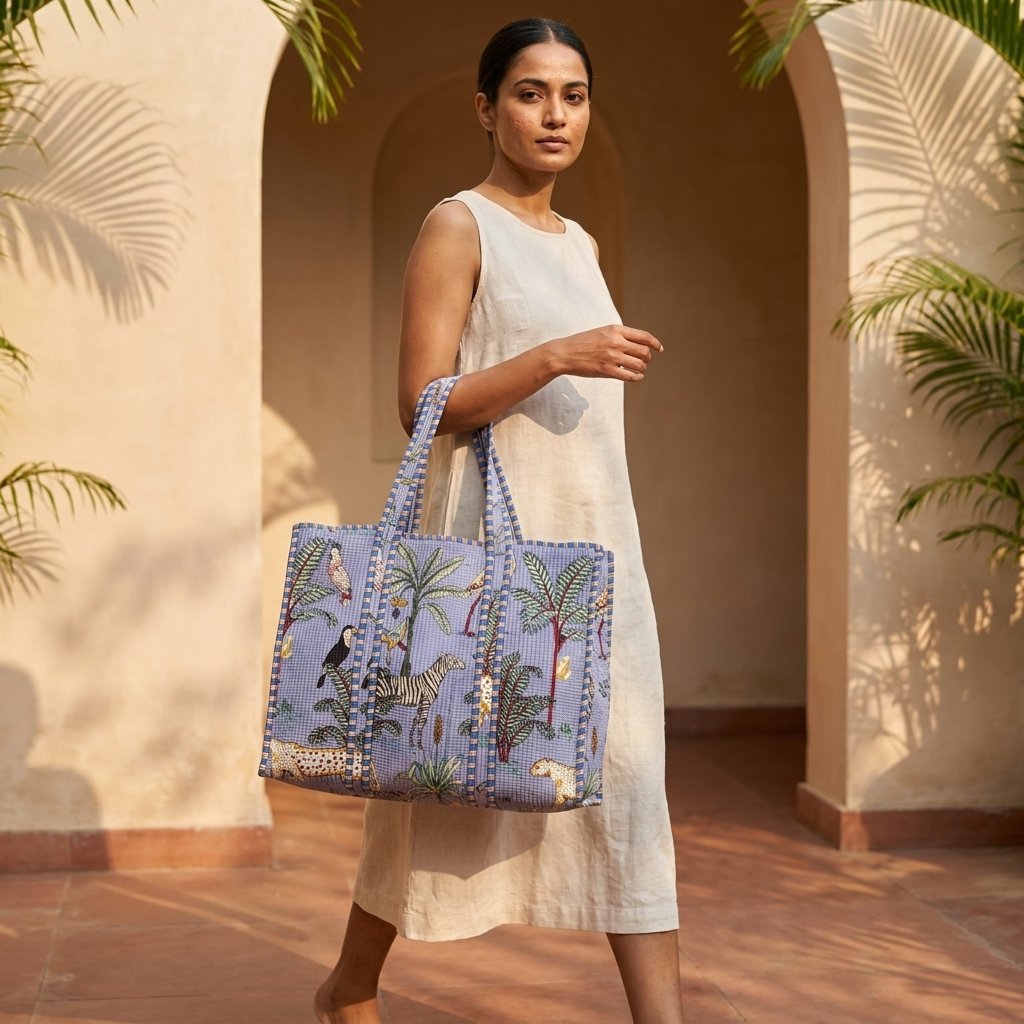 Blue Safari Quilted Tote Bag showing the traditional wild cat hand block print artisan design with the spacious 18x18 main compartment opening and reinforced double padded shoulder handles.