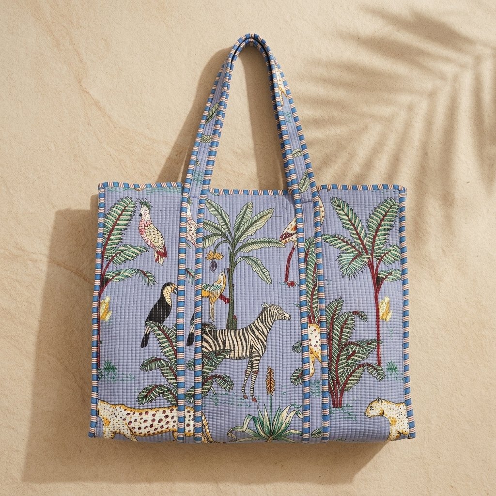 ## Carry Elegant Artisan Charm with the Blue Safari Quilted Tote Bag Step up your grocery shopping trips, sunny beach days, and casual office commutes with our beautiful Blue Safari Quilted Tote Bag. This is not a basic, mass-produced synthetic shopper or a rigid nylon sack; it is a meticulously handcrafted masterpiece created by traditional artisan communities in Jaipur, Rajasthan. By merging traditional Indian handprinted textile heritage with a functional, heavy-duty padded shoulder carryall frame, this multi-purpose daily travel purse serves as a beautiful practical lifestyle piece. The classic rich indigo backdrop coupled with a bold hand block printed jungle print layout and artisan animal motif details infuses your summer resort wear accessory collection with an effortless, free-spirited bohemian charm. It is perfect for frequent jetsetters, busy parents, beachgoers, campus students, and conscious individuals who value slow fashion, vivid wildlife accents, exotic cat aesthetics, and ethical handmade goods that elevate daily storage routines. ### Artisan Quality: Authentic Handprinted Heritage from Jaipur Every line of our Blue Safari Quilted Tote Bag shopper represents the deep cultural heritage of rural Indian makers. Our team of independent regional craftsmen carefully selects premium panels of pure sustainable cotton fabric. The material undergoes a detailed processing manual block print design application to transfer the beautiful wild cat elements and traditional wilderness layouts onto the cotton layers using hand-carved wooden blocks and natural plant-derived organic pigments. Once the canvas panels are printed, they are layered with premium soft cotton filling insulation batting and run through extensive tracks of dense hand-machined quilted stitching lines. This manual layered tailoring technique provides a beautifully unique textured exterior that delivers a soft, cushioned touch while significantly reinforcing the overall textile frame against external friction. Heavily reinforced cross-stitching is executed at all critical pressure and weight-bearing junction spots along the padded shoulder handles to ensure structural longevity under daily weight loads. Because each cotton market purse is individually styled by real human hands, minor shifts in print layout tracking, stitching lines, or color depth natural variations are completely typical signatures of manual textile tailoring that support traditional heritage communities. ### Spacious Square Silhouette, Long Shoulder Straps, and Padded Protection Engineered for the fast-paced modern lifestyle, active commuters, fitness lovers, and organization enthusiasts, this functional everyday tote bag handles your clothing sets, notebooks, books, and tech tablets securely without adding unnecessary structural bulk or weight to your shoulders. Cushioned Textile Protection: The dense, multi-layered quilted cotton exterior build provides a natural, shock-absorbing protective barrier around your personal items, shielding sensitive e-readers, computing devices, or fragile sunglasses from daily transit impact bumps. Comfortable Double Shoulder Straps: Outfitted with wide, heavy-duty quilted handles designed to sit perfectly on your shoulder or carry by hand, distributing load weight evenly for maximum all-day transit comfort. Spacious Square Workspace Layout: Features a massive 18 x 18 inches horizontal and vertical footprint workspace to allow clean, layered packing organization and unrestricted visibility when locating items on the fly. Lightweight & Foldable Structure: The naturally soft, pliable framework compresses flat seamlessly, making it highly travel-friendly to stow inside larger luggage trunks for vacation getaways. The highly flexible, breathable cotton frame remains naturally soft-structured and incredibly lightweight, allowing it to compress flat or roll up easily inside larger traveling suitcases for vacation getaways, road trips, or grocery runs. ## Product Specifications & Technical Dimensions Layout Total Front Length Clearance: 18 Inches — Spacious horizontal footprint that comfortably holds books, beach towels, and daily necessities. Total Vertical Height Profile: 18 Inches — Generous vertical clearance ensuring restriction-free packing storage. Material Composition: 100% Premium Sustainable Breathable Indian Cotton fabric with soft quilted layers. Aesthetic Configuration: Elegant Indigo Jungle Print Patterned Large Shoulder Handbag. Origin: Proudly Handcrafted by local artisans in Jaipur, Rajasthan, India. Important Custom Note: This listing includes the quilted carry tote bag only. Storage props, lifestyle electronics, clothing sets, or sunglasses shown in studio photos are used for visual presentation only and are not included with your purchase. Minor structural shifts or print natural variations are typical signatures of manual textile tailoring. ### Multipurpose Utility for a Sophisticated Lifestyle Statement This eye-catching tiger print travel purse transitions flawlessly between different lifestyle activities throughout your busy schedule. Use the layout seamlessly as a grocery shopping tote, farmers market shopper, beach vacation carryall, university book bag, casual office utility handbag, gym caddy, or premium wildlife travel carrier. The timeless regional artisan print details coordinate beautifully with your casual wardrobe, adding a splash of fresh energy to your look. It stands out as an exceptional, highly useful eco-friendly wellness gift choice for birthdays, holidays, graduation achievements, bridesmaid proposal packs, or a thoughtful handmade surprise pack for travel lovers, beachgoers, and friends who appreciate detailed block print patterns and functional artisan craftsmanship. ### Simple Care Instructions for Lasting Longevity To maintain the structural form, protect the organic cotton fibers, and preserve the rich pigments of your Blue Safari Quilted Tote Bag, this shoulder carryall is highly straightforward to maintain at home. We recommend a gentle hand wash separately in cold water using a mild, eco-safe detergent to protect the deep indigo tones and detailed jungle prints. Avoid using concentrated chlorine bleaching solutions, and do not use high-heat automated machine tumble dryers or aggressive spin cycles. Reshape the fabric structure gently while damp and hang to line air dry flat completely in a shaded outdoor area away from direct sunlight to preserve the organic cotton threads and shield the detailed print layouts from direct UV color fading, keeping your everyday boho shopper bag crisp, vivid, structural, and clean for years of continuous adventures.