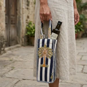 Blue Stripe Quilted Water Bottle Bag showing the thick hand-quilted cotton textile structure and comfortable top carry handle with a travel flask inside.