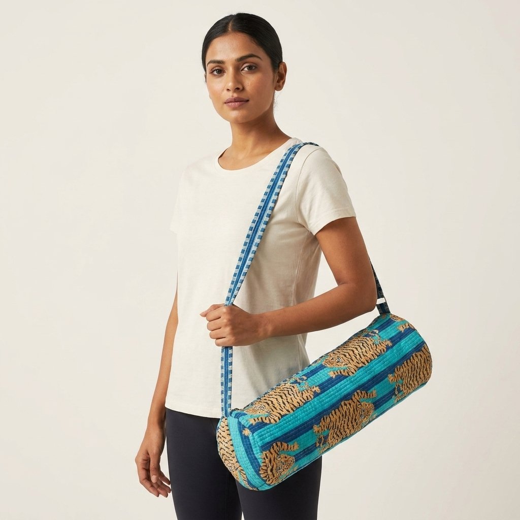 A fitness enthusiast carrying the Blue Tiger Print Yoga Mat Bag over the shoulder by the wide straps, showcasing its long profile and classic bohemian accessory style while heading to a yoga studio class.