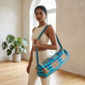 Blue Tiger Print Yoga Mat Bag showing the traditional hand block print artisan design with the spacious cylinder opening and reinforced double shoulder handles.