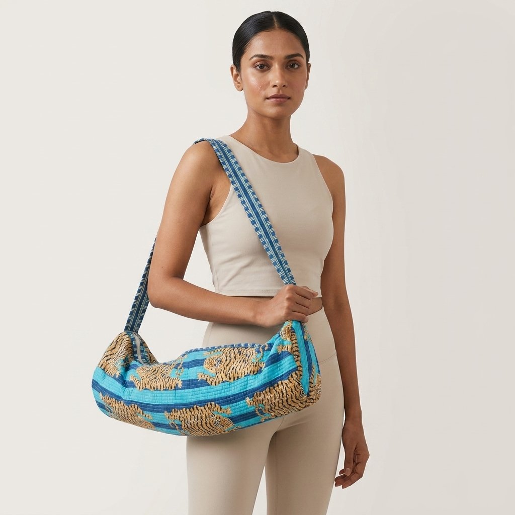 Blue Tiger Print Yoga Mat Bag showing the traditional hand block print artisan design with the spacious cylinder opening and reinforced double shoulder handles.