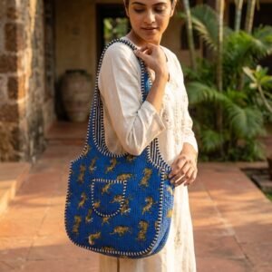 Blue Tiger Quilted Shoulder Tote Bag showing the traditional hand block print artisan design with the spacious scoop main compartment opening and reinforced double padded shoulder handles.