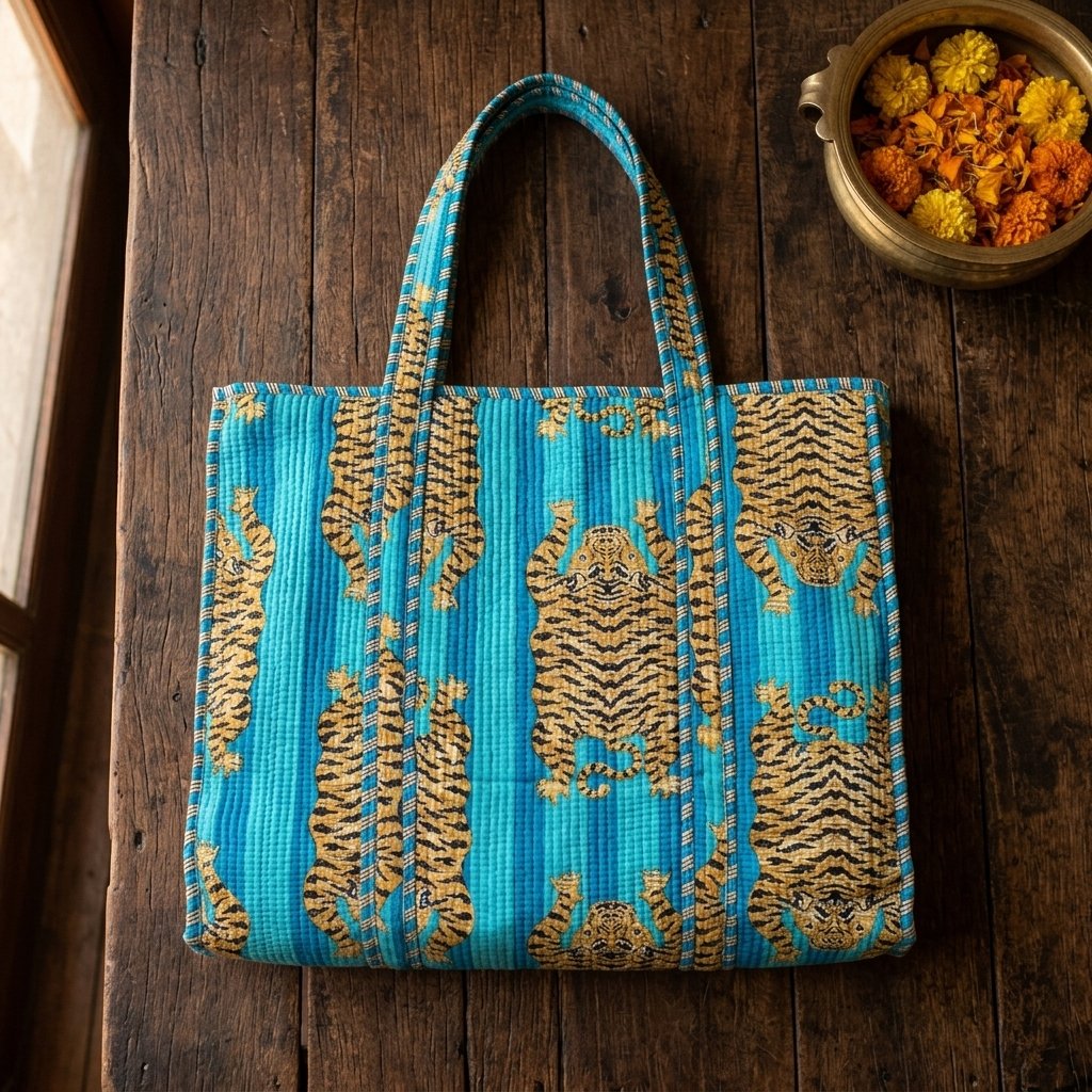 Close-up of the largest case in the Blue Tiger Quilted Tote Bag Set opened to reveal the clean protective interior lining, smooth zipper track, and soft quilted horizontal stitching texture.