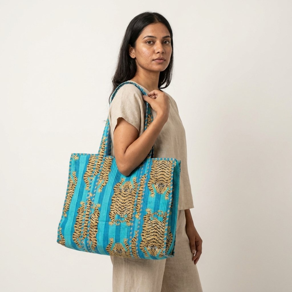 A traveler arranging the three pieces of the Blue Tiger Quilted Tote Bag Set on a modern bathroom vanity counter, displaying the large, medium, and small sizes filled with cosmetic brushes and skincare bottles.