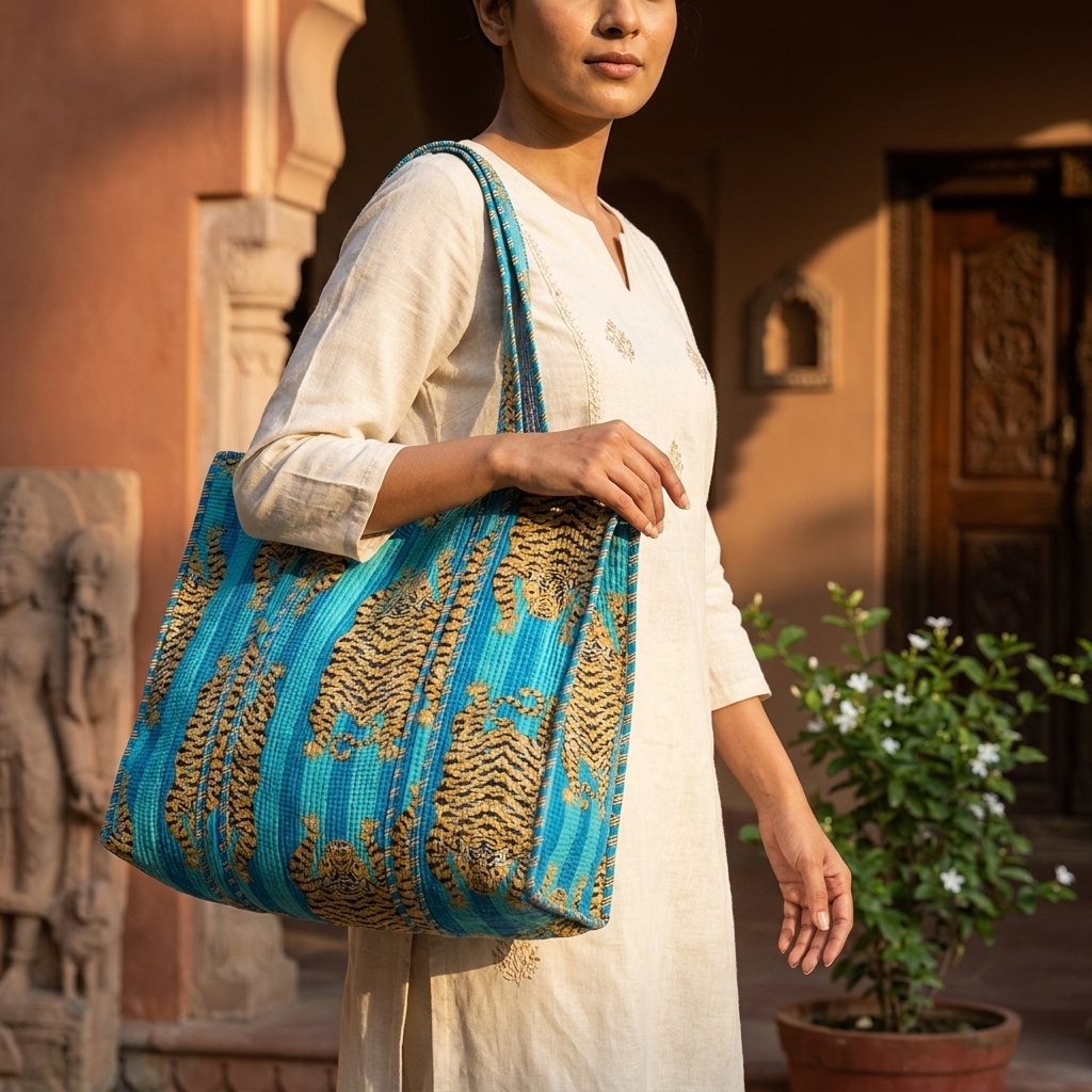 Blue Tiger Quilted Tote Bag Set showing the nested 3-piece handmade travel pouch bundle with the traditional blue wild cat block print design and secure zipper tracks.