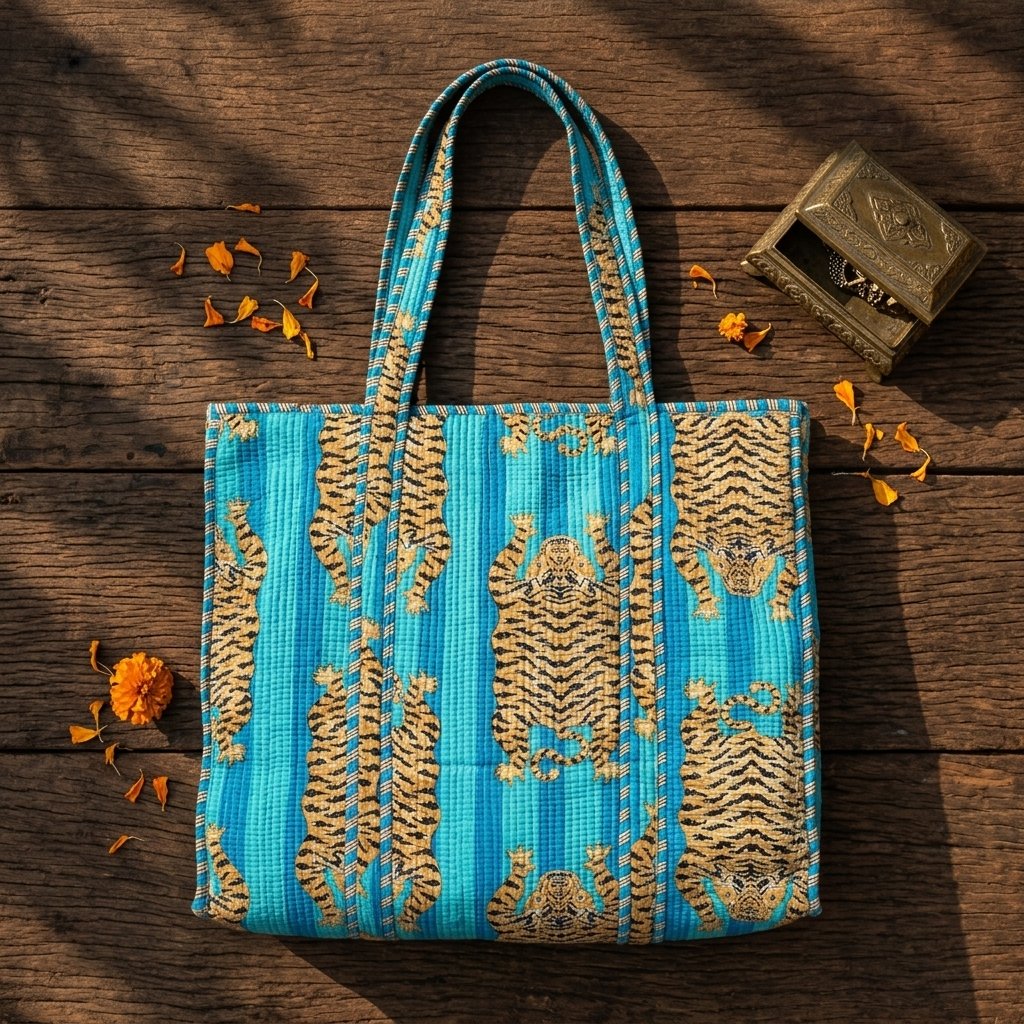 Close-up of the largest case in the Blue Tiger Quilted Tote Bag Set opened to reveal the clean protective interior lining, smooth zipper track, and soft quilted horizontal stitching texture.