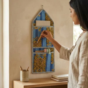 An interior room setup showing the Blue Tiger Quilted Wall Hanging Organizer near a wooden office desk, showcasing its space-saving capacity and elegant patterned office home pocketbook style.