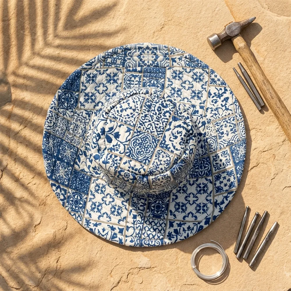 Close-up of the handcrafted blue geometric print detailing, dense quilted tracking stitching lines, and neat edge trim on the reversible side of the summer travel headwear.