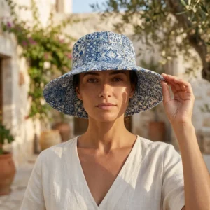 Blue Tile Quilted Cotton Sun Hat showing the wide brim bucket cap frame with the handcrafted blue mosaic tile block print detailing.