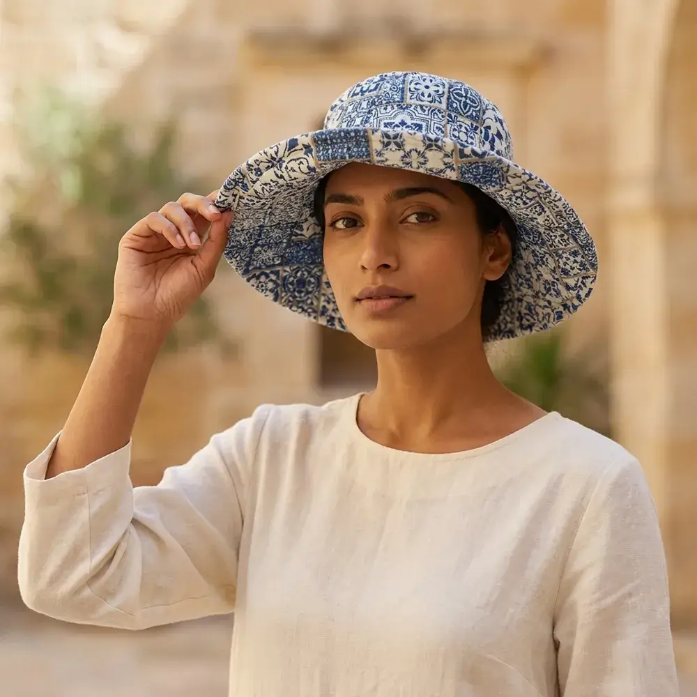 A sunny outdoor display featuring a person wearing the Blue Tile Quilted Cotton Sun Hat during a vacation trip, highlighting its comfortable universal fit and bohemian style.