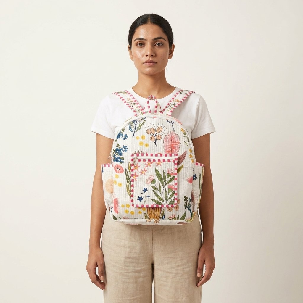 Cream Floral Quilted Backpack Bag showing the traditional ivory block print artisan design with the spacious front compartment closed, secure zipper tracks, and reinforced top handle loop.
