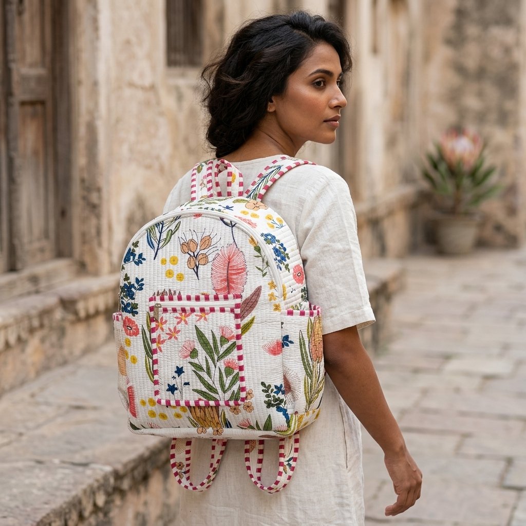 A traveler wearing the Cream Floral Quilted Backpack Bag by the adjustable straps, showcasing its comfortable custom fit and elegant patterned everyday shoulder bookbag style during a city commute.