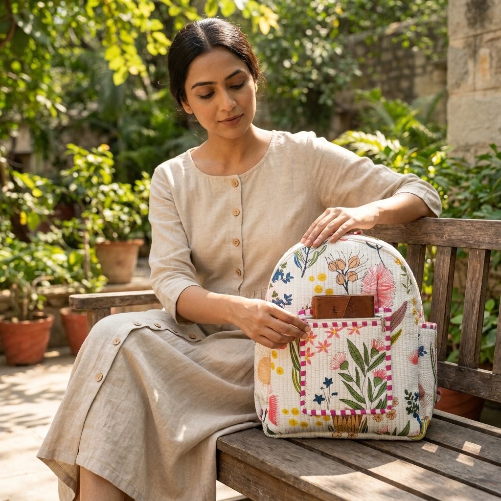 A traveler wearing the Cream Floral Quilted Backpack Bag by the adjustable straps, showcasing its comfortable custom fit and elegant patterned everyday shoulder bookbag style during a city commute.