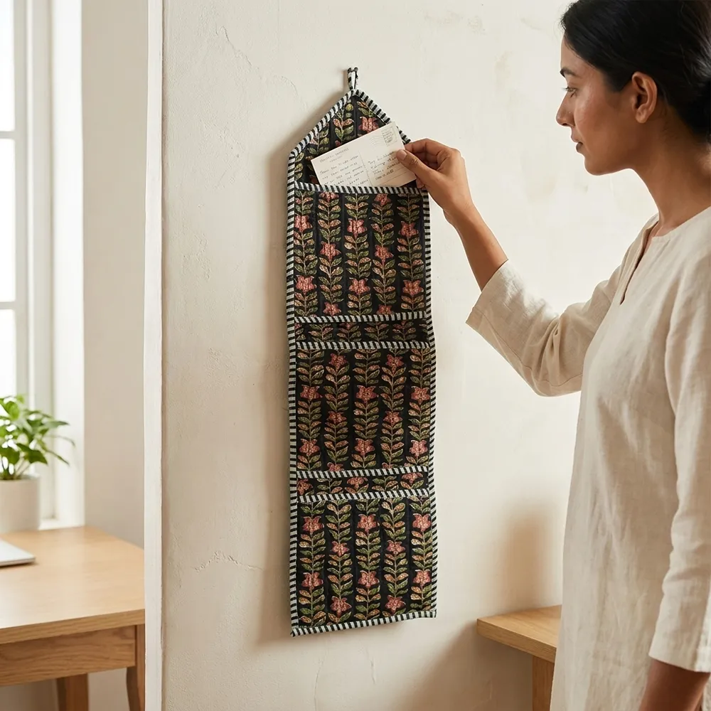 Close-up of the handcrafted botanical print detailing, dense quilted stitching texture lines, robust pocket seam attachments, and clean pocket opening on the cotton pocket storage.