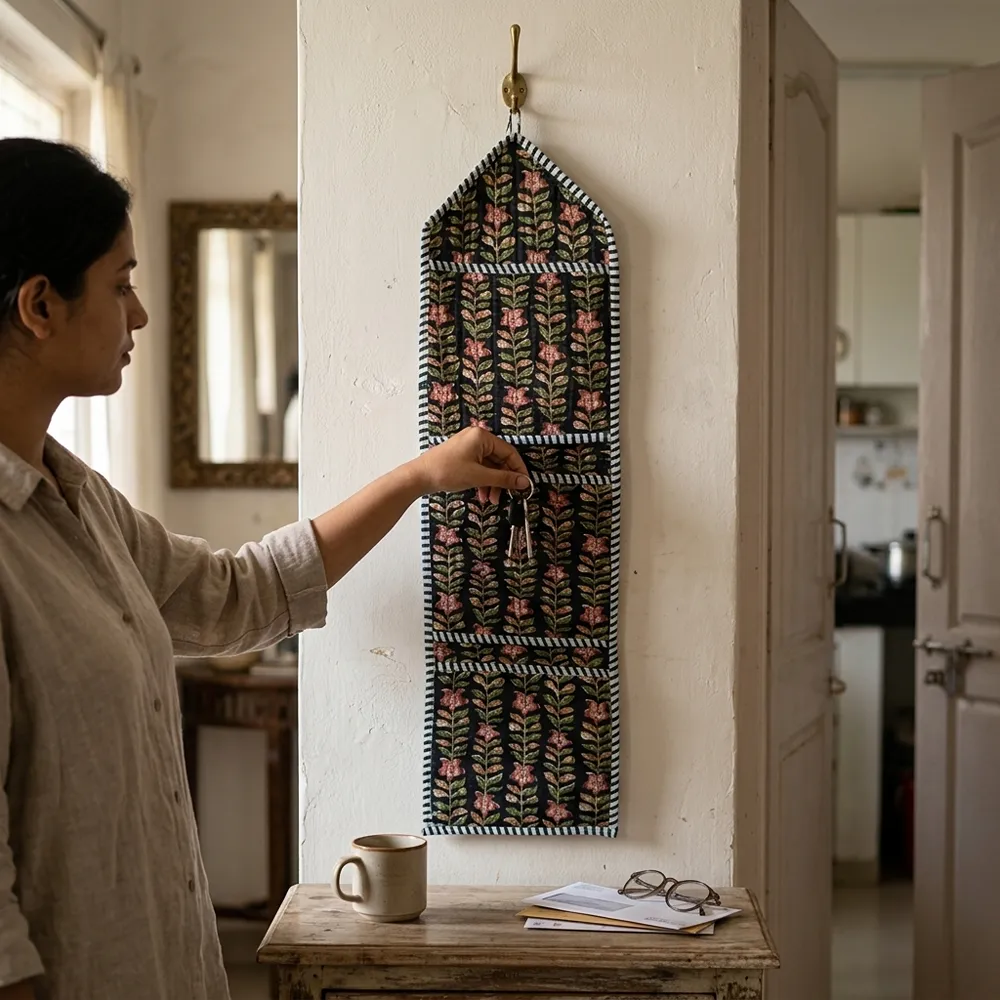 An interior room setup showing the Floral Fabric Wall Hanging Organizer near a wooden desk, showcasing its space-saving capacity and elegant boho mail letter holder style.