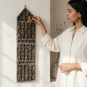 Close-up of the handcrafted botanical print detailing, dense quilted stitching texture lines, robust pocket seam attachments, and clean pocket opening on the cotton pocket storage.