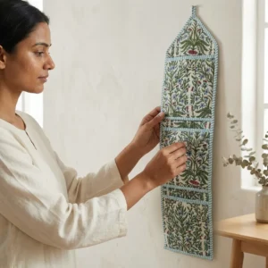 Floral Fabric Wall Hanging Organizer displaying the multi-pocket vertical sorting slots with the traditional chintz block print artisan design hung securely on a wall hook.
