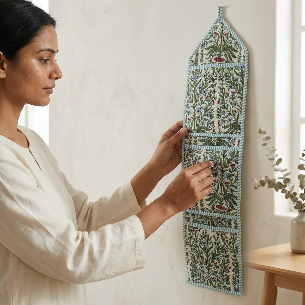 Floral Fabric Wall Hanging Organizer displaying the multi-pocket vertical sorting slots with the traditional chintz block print artisan design hung securely on a wall hook.