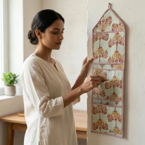 An interior room setup showing the Floral Fabric Wall Hanging Organizer near a wooden desk, showcasing its space-saving capacity and elegant Jaipur block print holder style.