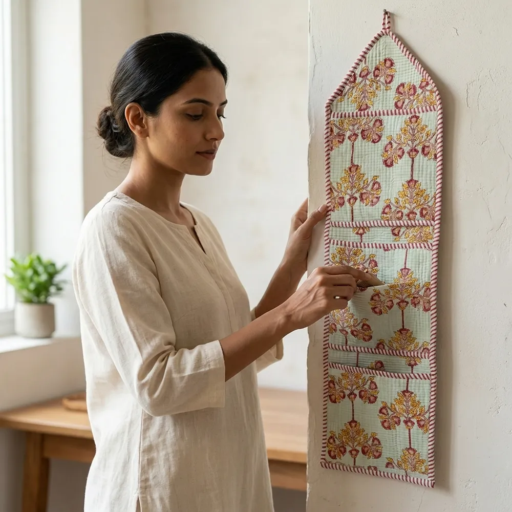 An interior room setup showing the Floral Fabric Wall Hanging Organizer near a wooden desk, showcasing its space-saving capacity and elegant Jaipur block print holder style.