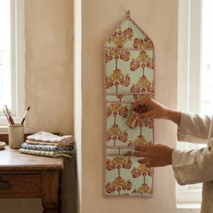 Floral Fabric Wall Hanging Organizer displaying the 3-pocket vertical sorting slots with the traditional Jaipur block print artisan design hung securely on an entryway wall.