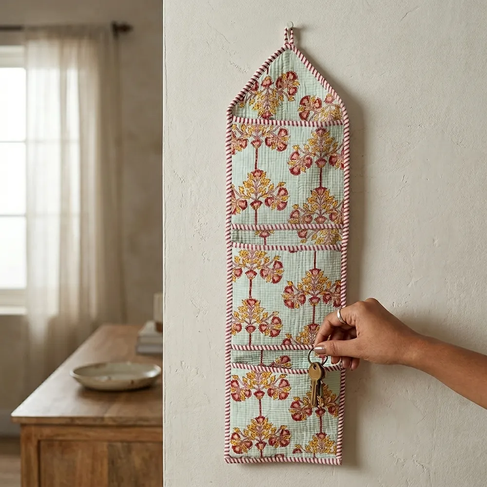 Close-up of the handcrafted botanical print detailing, dense quilted stitching texture lines, robust pocket seam attachments, and clean pocket opening on the cotton pocket storage.