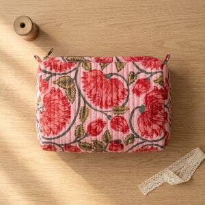 Close-up of the largest case in the Floral Quilted Shoulder Tote Bag bundle opened to reveal the clean protective inner lining, smooth zipper track, and soft quilted horizontal stitching texture.