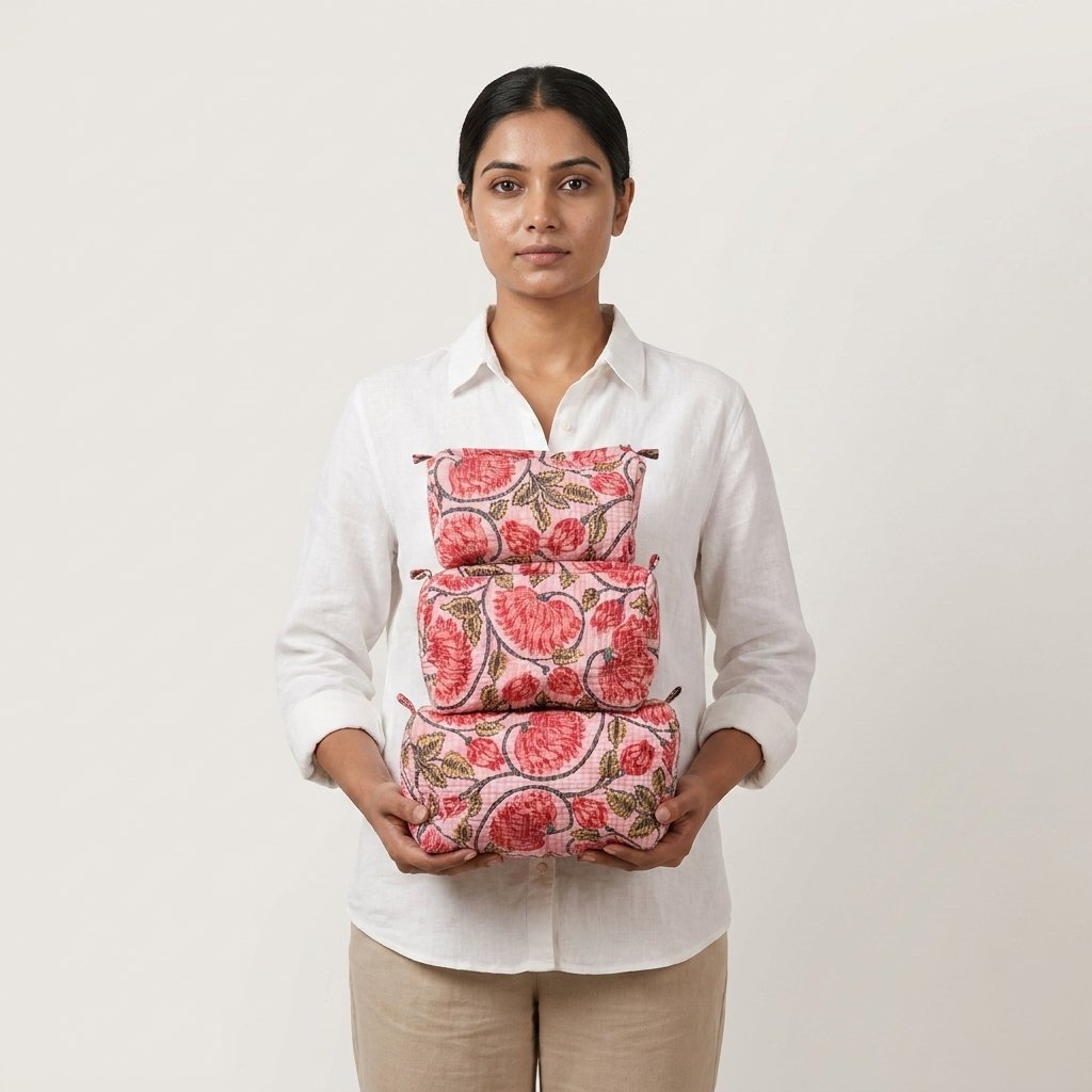 A traveler arranging the three pieces of the Floral Quilted Shoulder Tote Bag set on a modern bathroom vanity counter, displaying the large, medium, and small sizes filled with cosmetic brushes and skincare bottles.