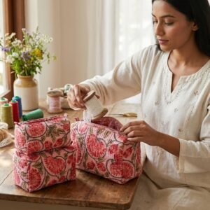 Floral Quilted Shoulder Tote Bag showing the nested multi-size handmade travel pouch set with the traditional hand block print design and secure zipper tracks.