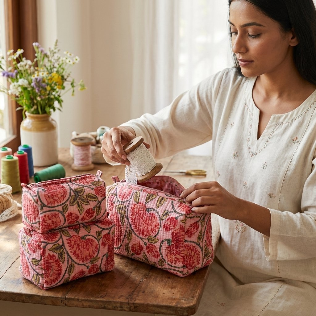 Floral Quilted Shoulder Tote Bag showing the nested multi-size handmade travel pouch set with the traditional hand block print design and secure zipper tracks.