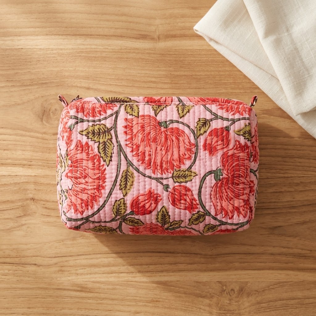 Close-up of the largest case in the Floral Quilted Shoulder Tote Bag bundle opened to reveal the clean protective inner lining, smooth zipper track, and soft quilted horizontal stitching texture.